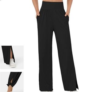 NWT Halara Cloudful Black High Waist Split Hem Side Pocket Wide Leg Yoga Pants